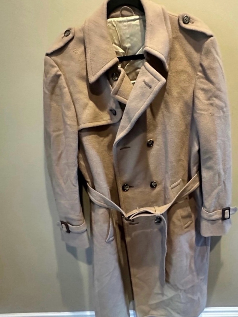 Stratojac Men’s Beige Wool Belted Lined Long Trench Coat Size 42 - Vintage